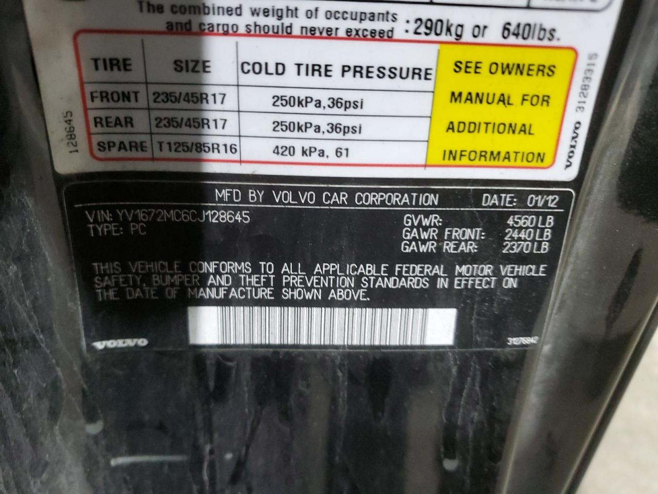 2012 Volvo C70 T5 VIN: YV1672MC6CJ128645 Lot: 84834175