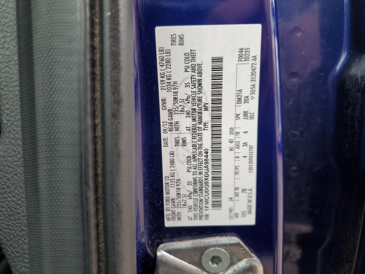 2013 Ford Escape Se VIN: 1FMCU0G9XDUA98440 Lot: 85699905