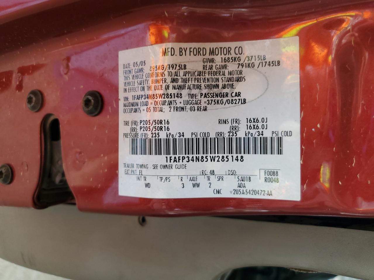 2005 Ford Focus Zx4 VIN: 1FAFP34N85W285148 Lot: 85783095