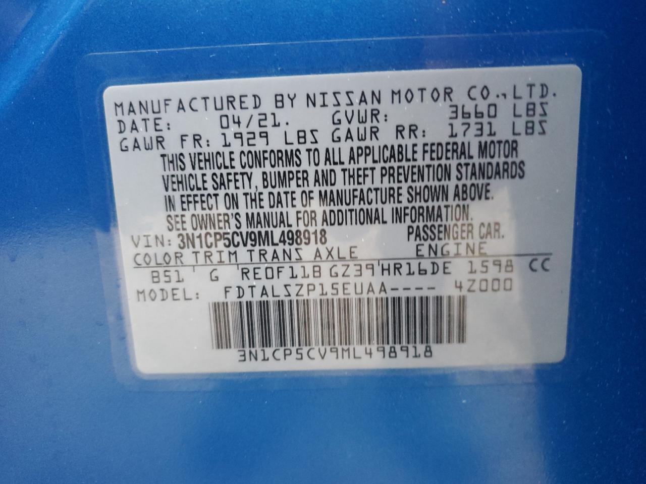 2021 Nissan Kicks Sv VIN: 3N1CP5CV9ML498918 Lot: 86300915