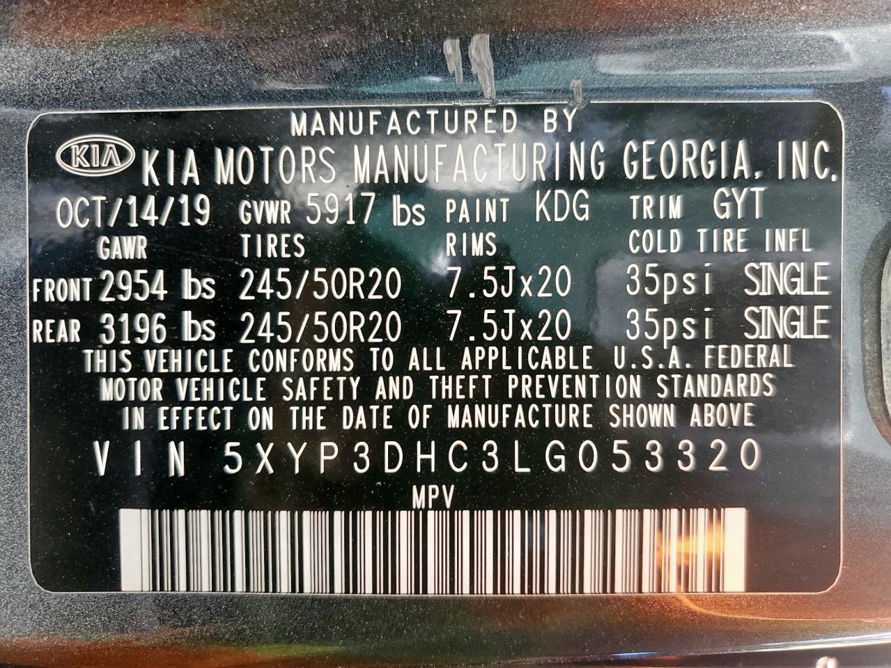 2020 Kia Telluride Ex VIN: 5XYP3DHC3LG053320 Lot: 86284815