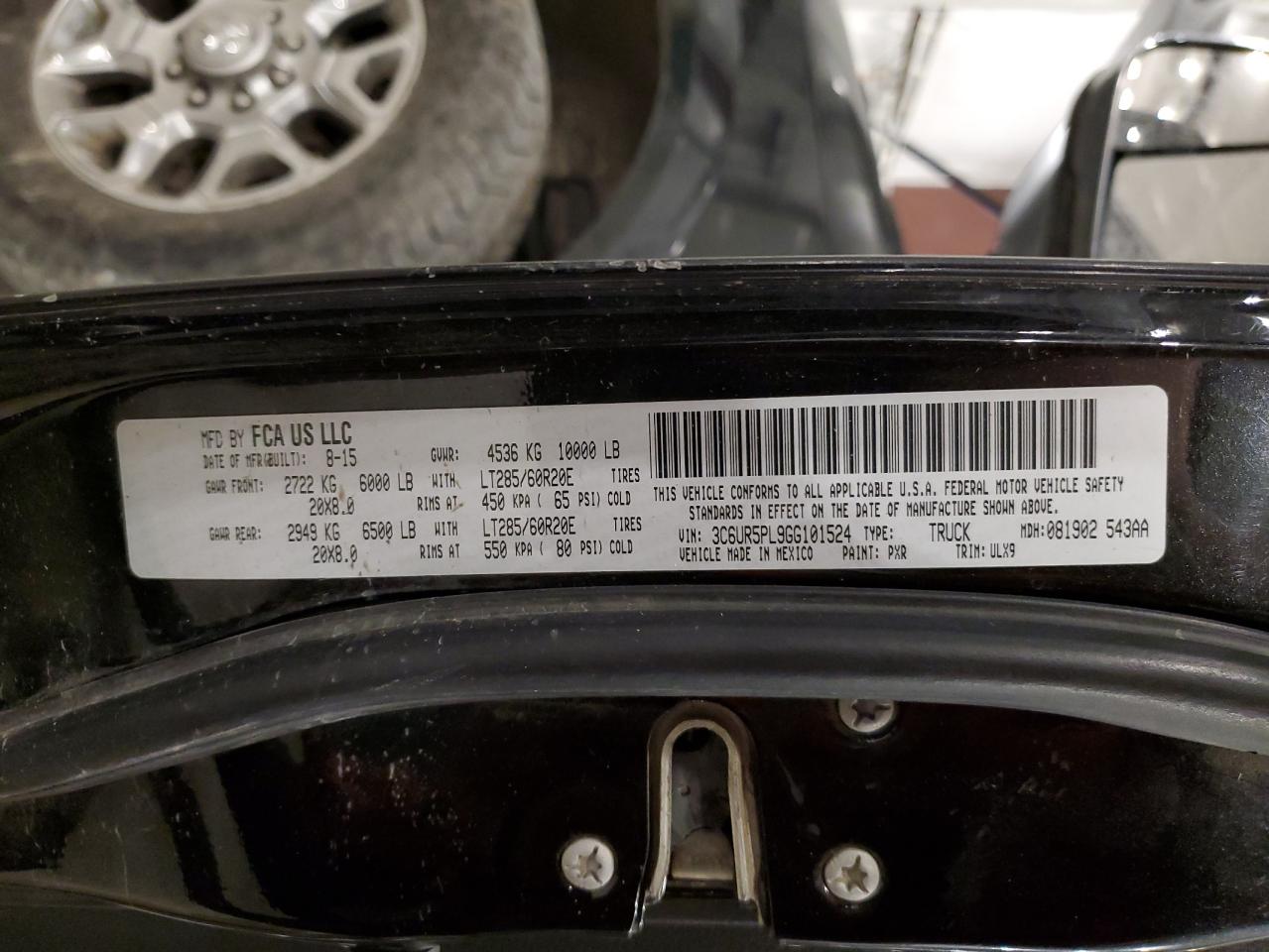 2016 Ram 2500 Longhorn VIN: 3C6UR5PL9GG101524 Lot: 89801685