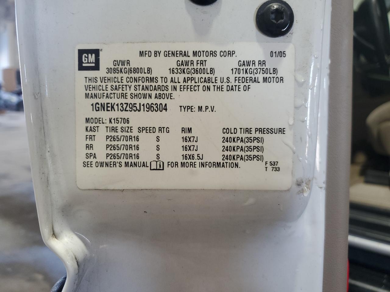 2005 Chevrolet Tahoe K1500 VIN: 1GNEK13Z95J196304 Lot: 84600765