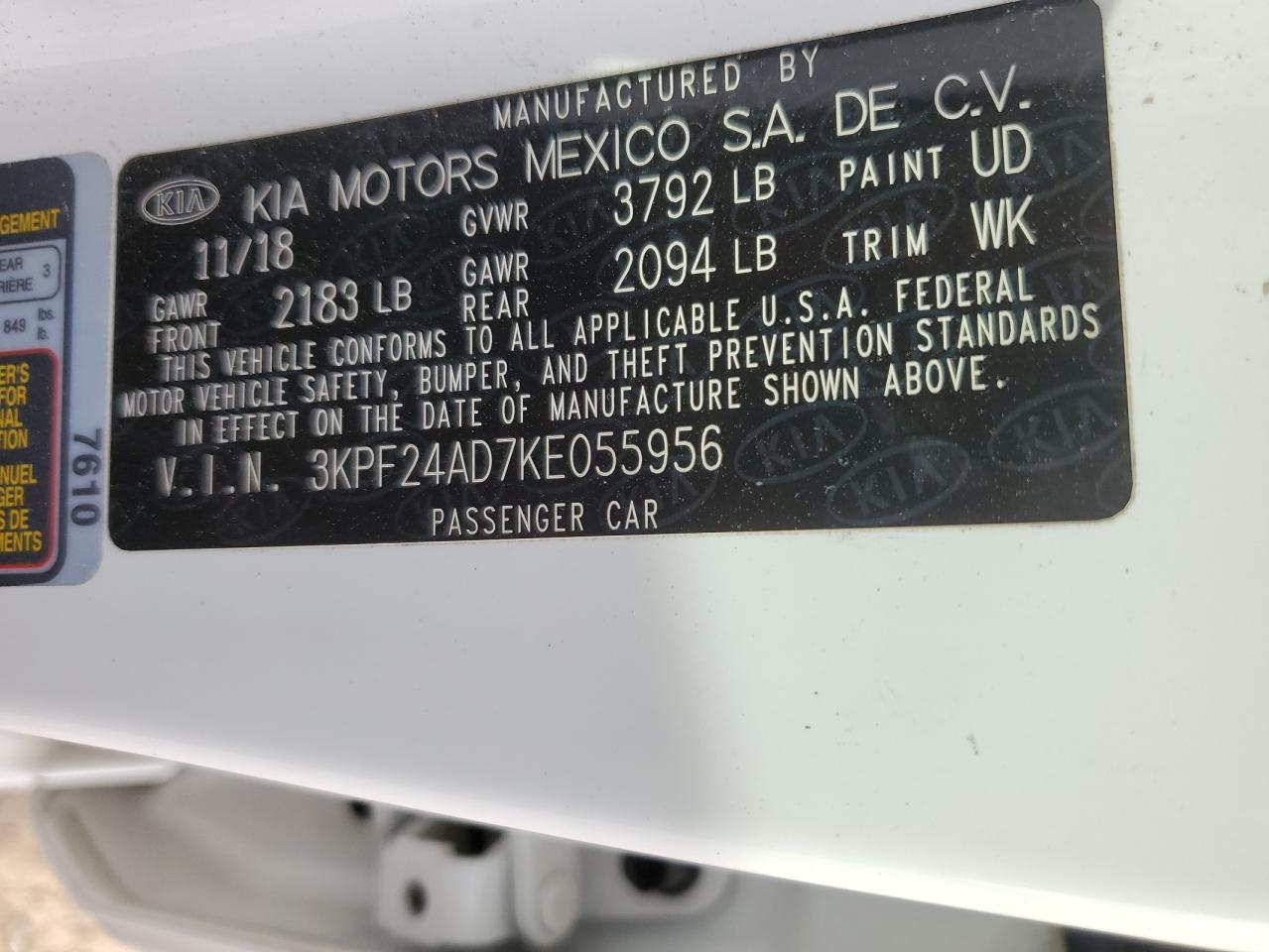 2019 Kia Forte Fe VIN: 3KPF24AD7KE055956 Lot: 86818955