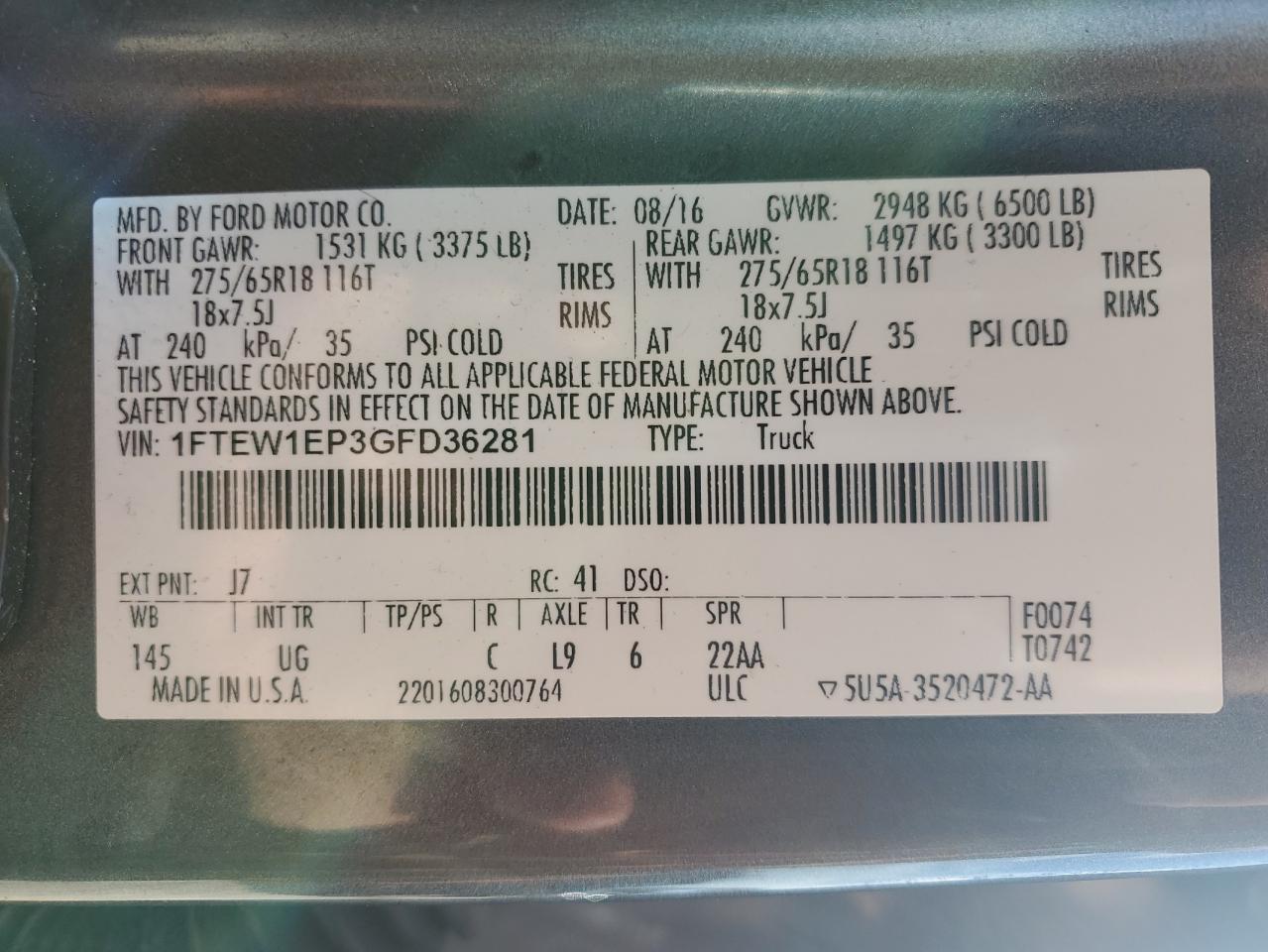 2016 Ford F150 Supercrew VIN: 1FTEW1EP3GFD36281 Lot: 84278305