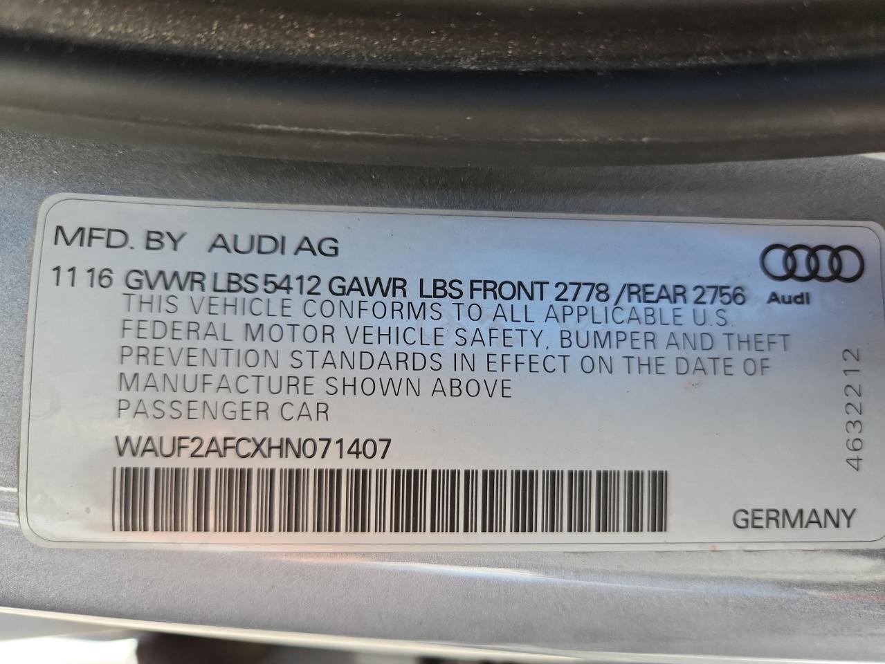2017 Audi A6 Premium Plus VIN: WAUF2AFCXHN071407 Lot: 85911315