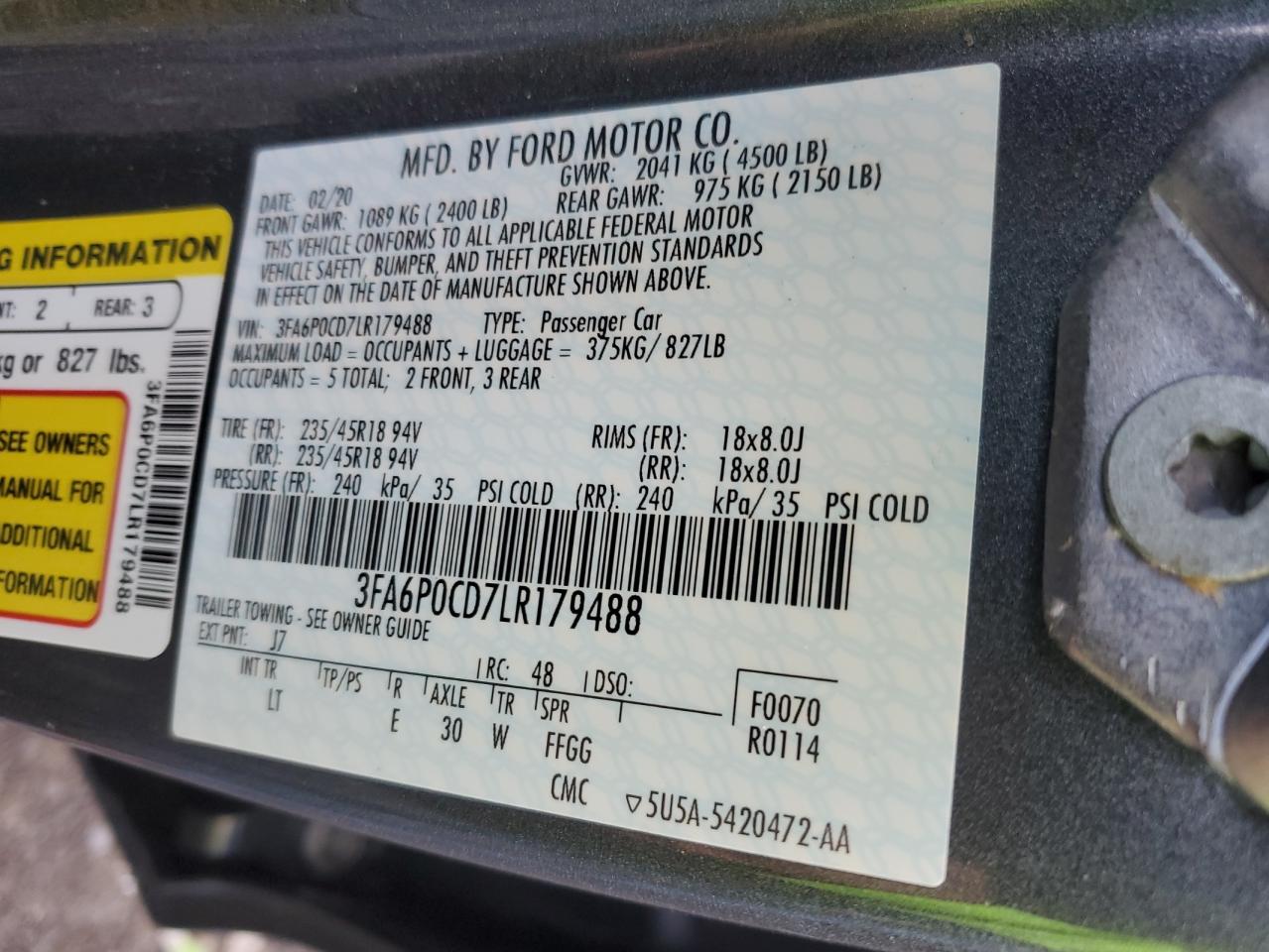 2020 Ford Fusion Sel VIN: 3FA6P0CD7LR179488 Lot: 90500985