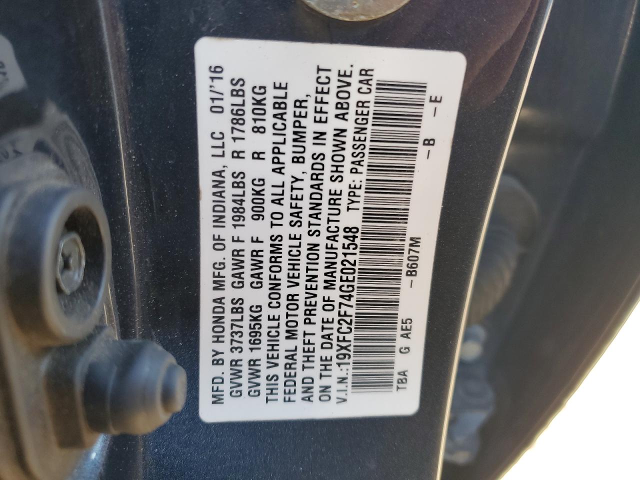 2016 Honda Civic Ex VIN: 19XFC2F74GE021548 Lot: 82463415