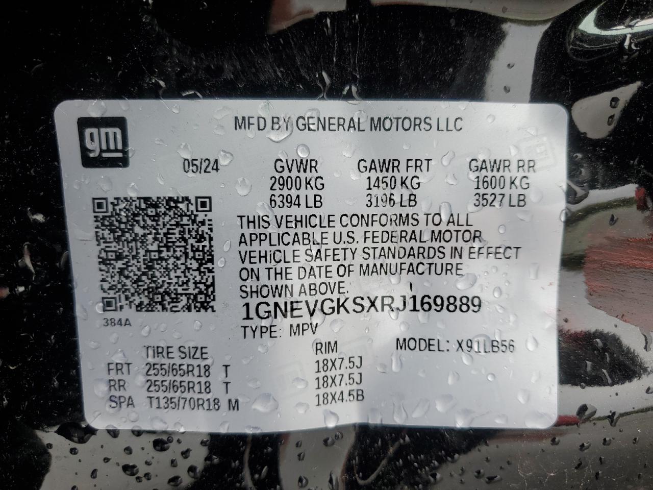 2024 Chevrolet Traverse Lt VIN: 1GNEVGKSXRJ169889 Lot: 81918735