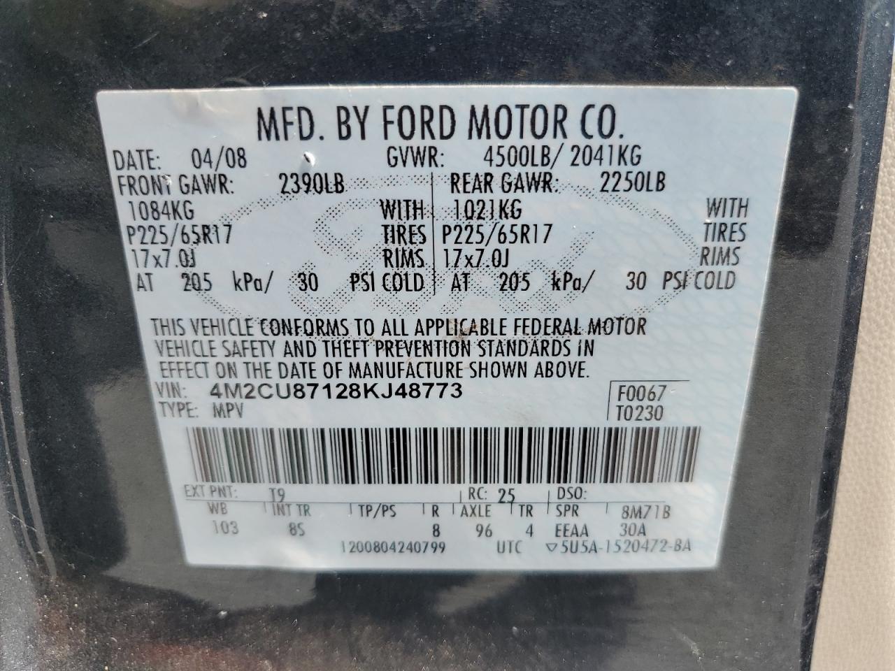 2008 Mercury Mariner Premier VIN: 4M2CU87128KJ48773 Lot: 85306715