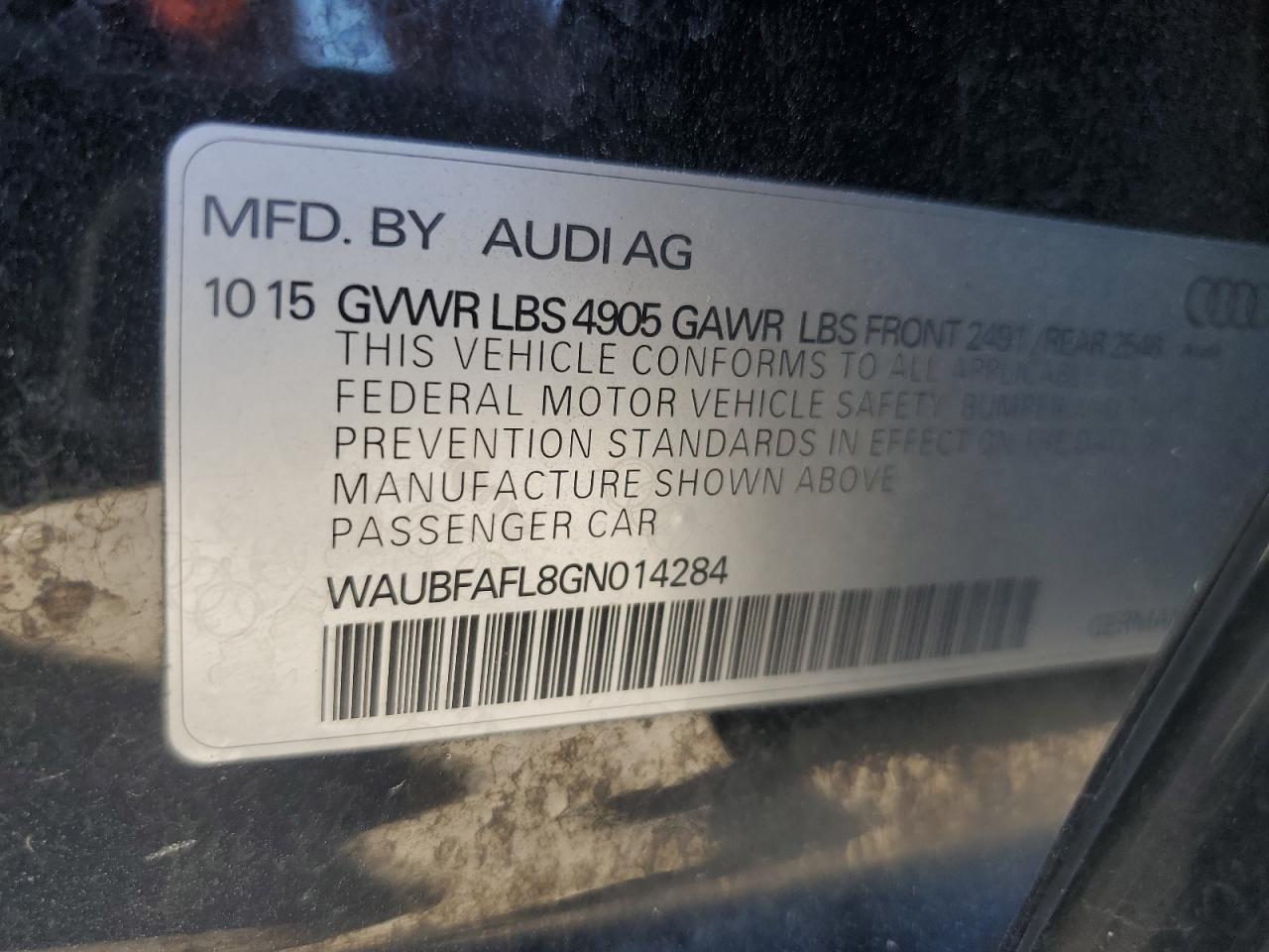 2016 Audi A4 Premium S-Line VIN: WAUBFAFL8GN014284 Lot: 86780985