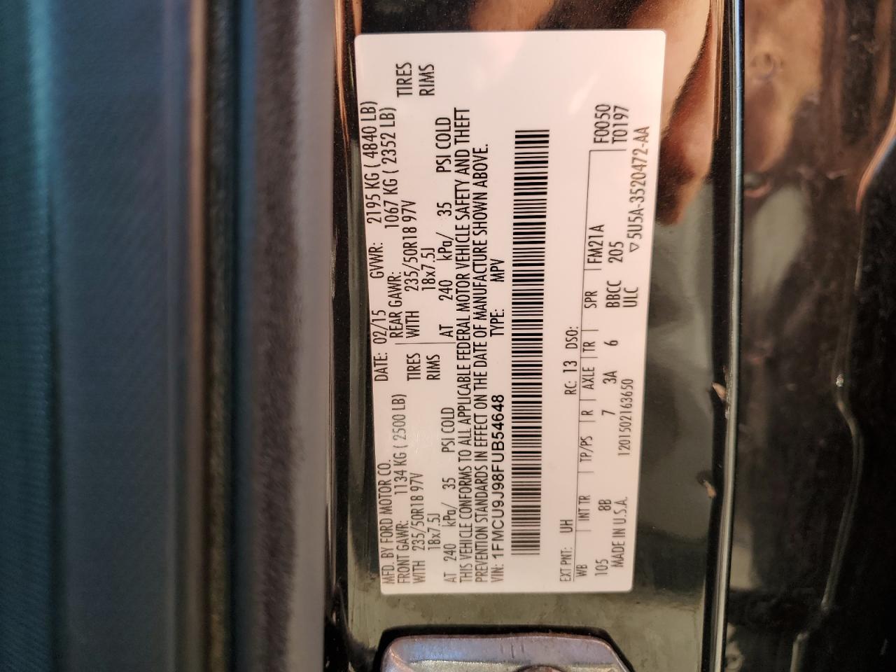 2015 Ford Escape Titanium VIN: 1FMCU9J98FUB54648 Lot: 85760125