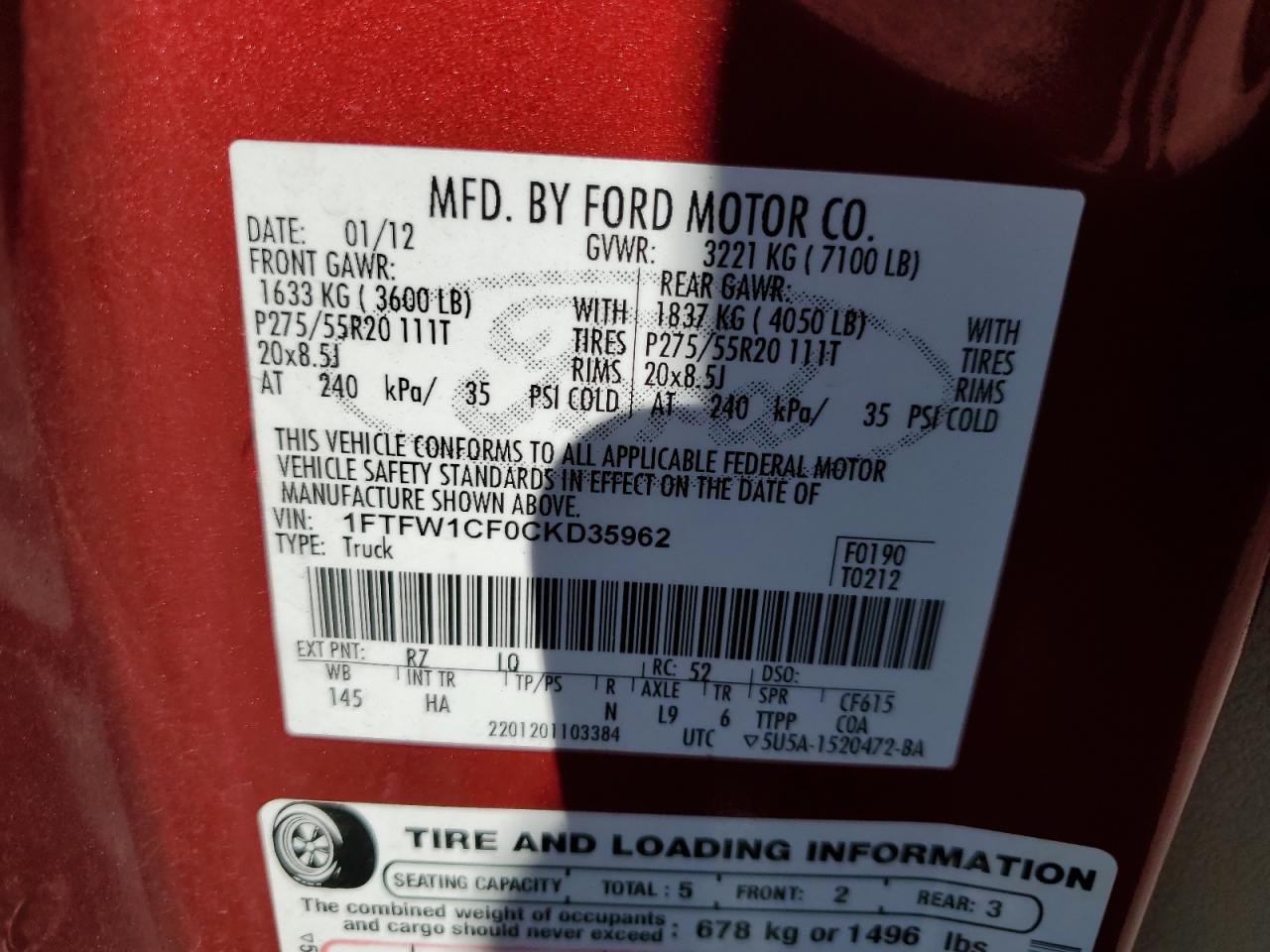 2012 Ford F150 Supercrew VIN: 1FTFW1CF0CKD35962 Lot: 85903085