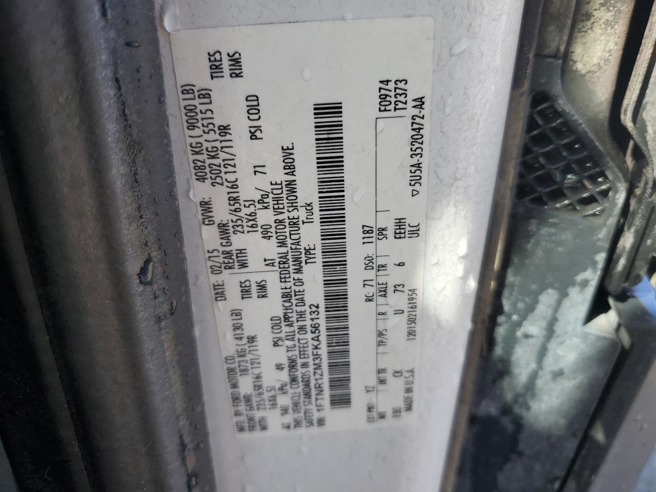 2015 Ford Transit Cargo Van T- VIN: 1FTNR1ZM3FKA56132 Lot: 84719995
