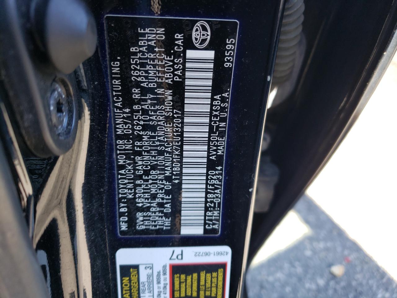 2014 Toyota Camry Hybrid VIN: 4T1BD1FK7EU132017 Lot: 84816515