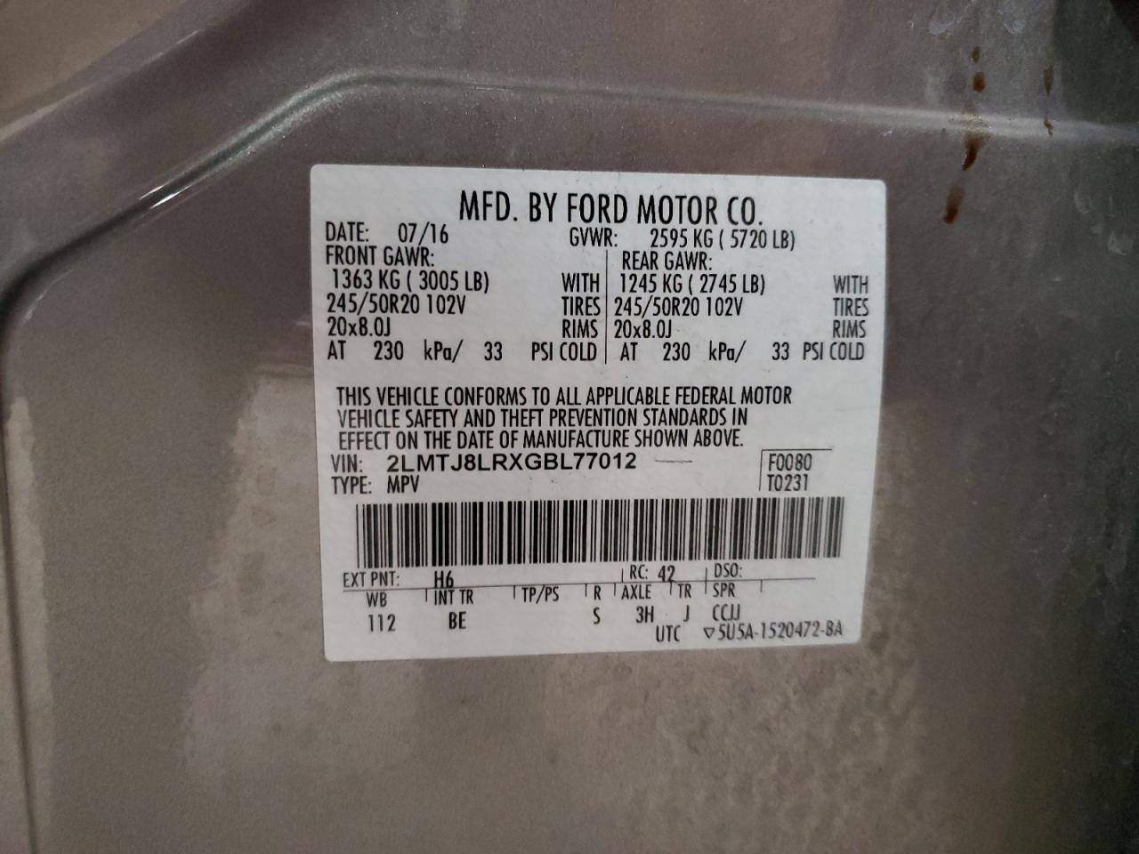 2016 Lincoln Mkx Reserve VIN: 2LMTJ8LRXGBL77012 Lot: 90486815