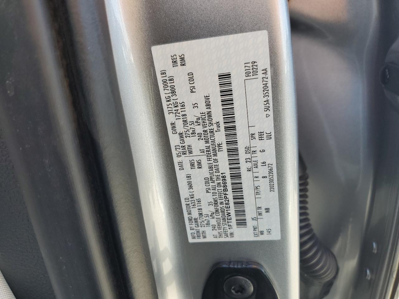 2023 Ford F150 Supercrew VIN: 1FTEW1E82PFB86981 Lot: 81961535