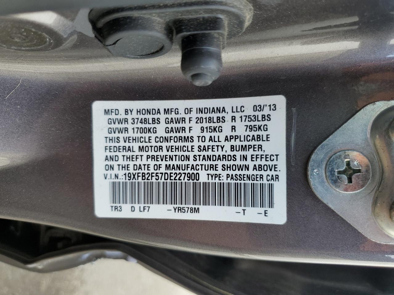 2013 Honda Civic Lx VIN: 19XFB2F57DE227900 Lot: 85590205