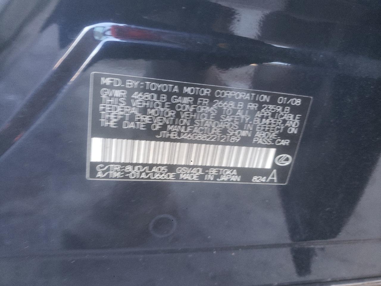 2008 Lexus Es 350 VIN: JTHBJ46G882212189 Lot: 87072425