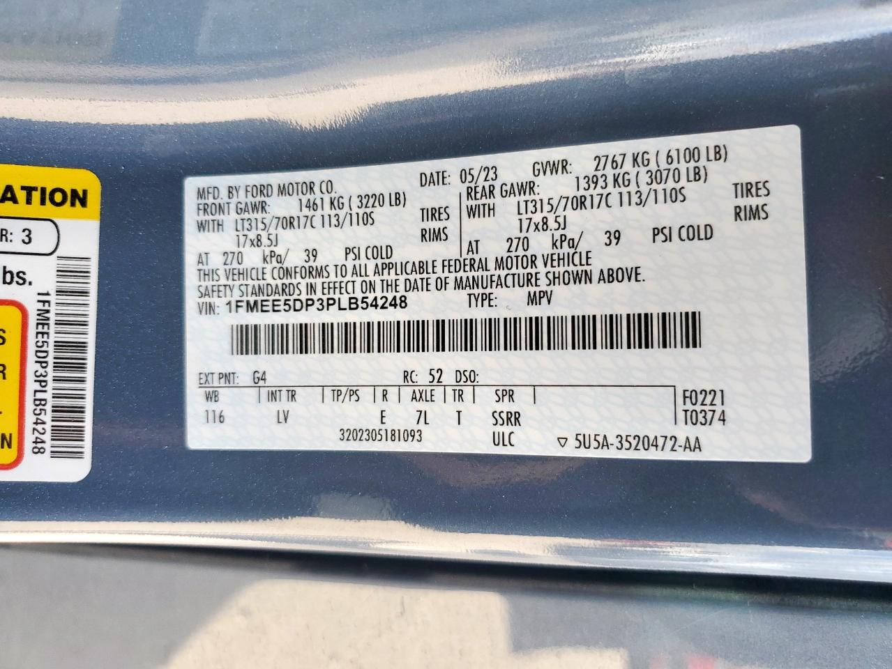 2023 Ford Bronco Base VIN: 1FMEE5DP3PLB54248 Lot: 85856555