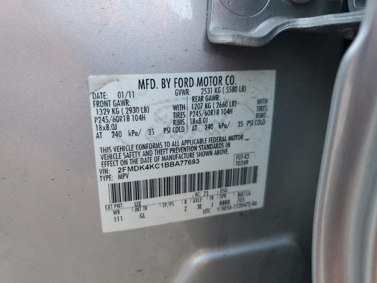 2011 Ford Edge Limited VIN: 2FMDK4KC1BBA77693 Lot: 85283375