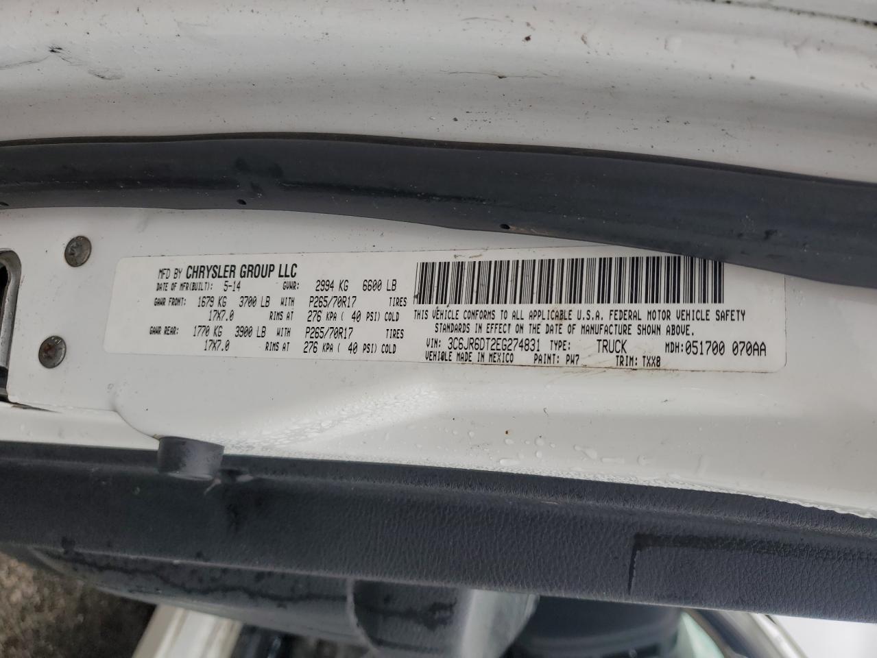 2014 Ram 1500 St VIN: 3C6JR6DT2EG274831 Lot: 90456895