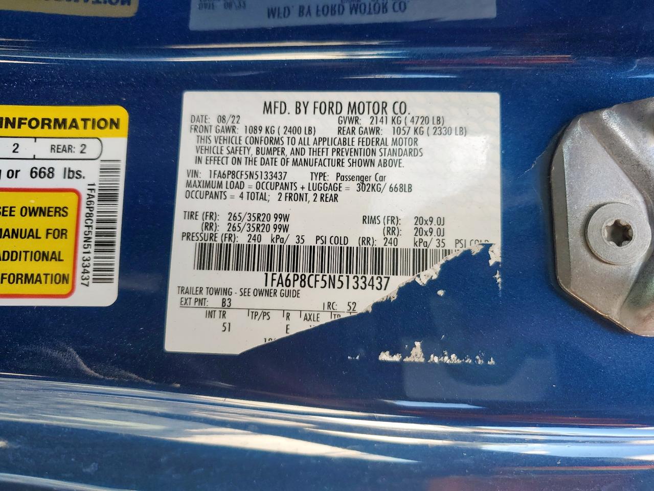 2022 Ford Mustang Gt VIN: 1FA6P8CF5N5133437 Lot: 84935055