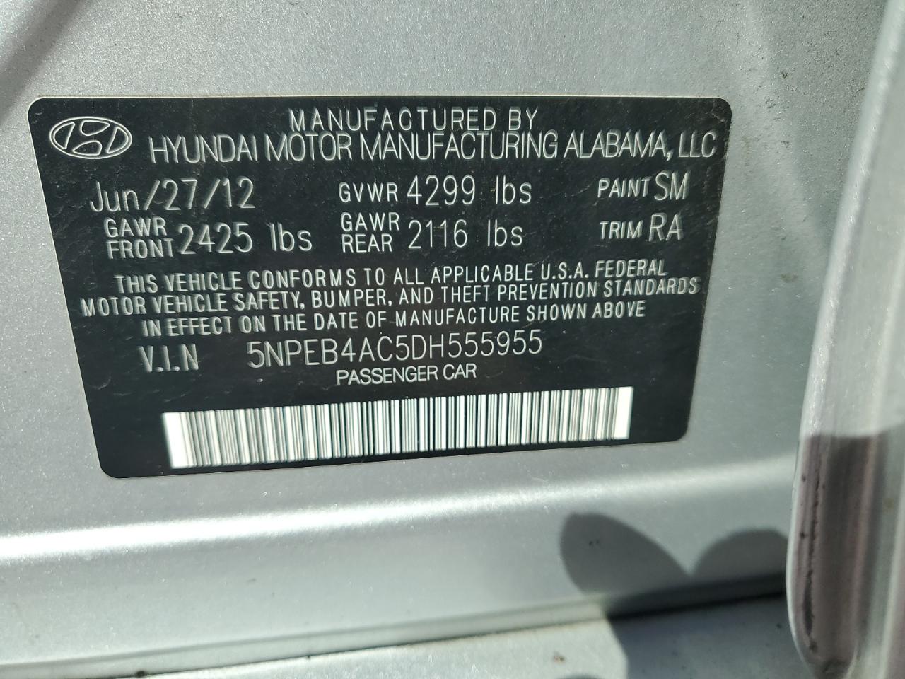 2013 Hyundai Sonata Gls VIN: 5NPEB4AC5DH555955 Lot: 85672755