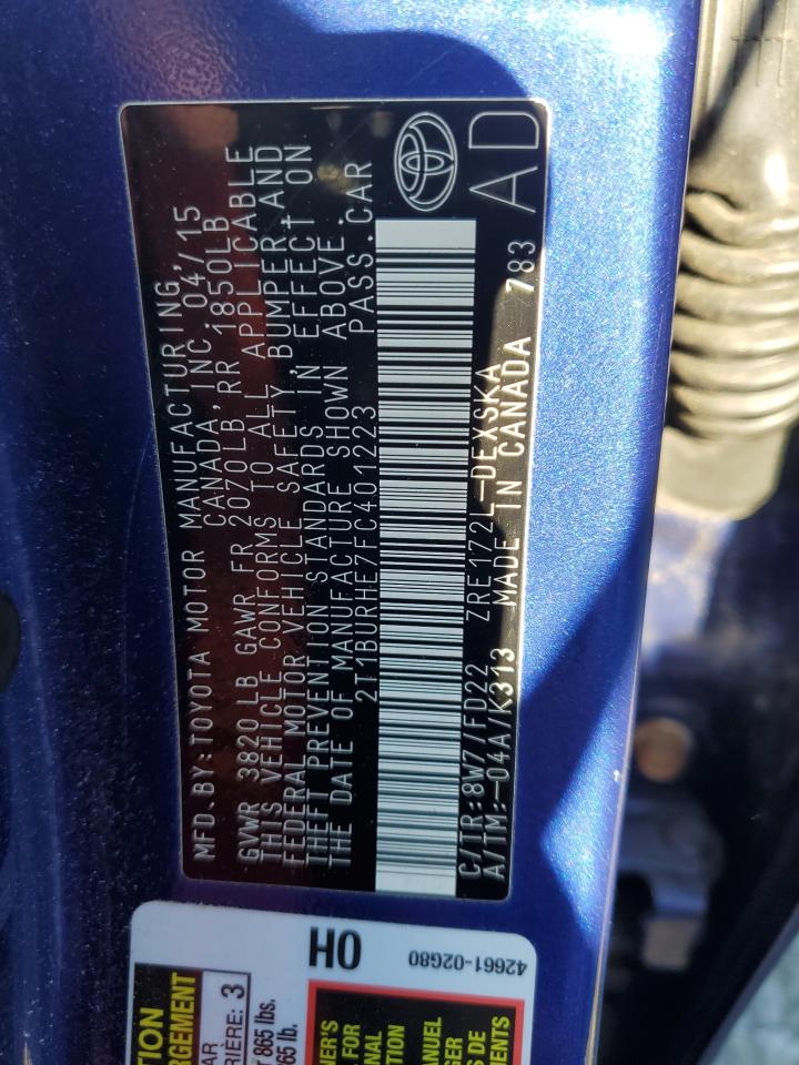 2015 Toyota Corolla L VIN: 2T1BURHE7FC401223 Lot: 84876365