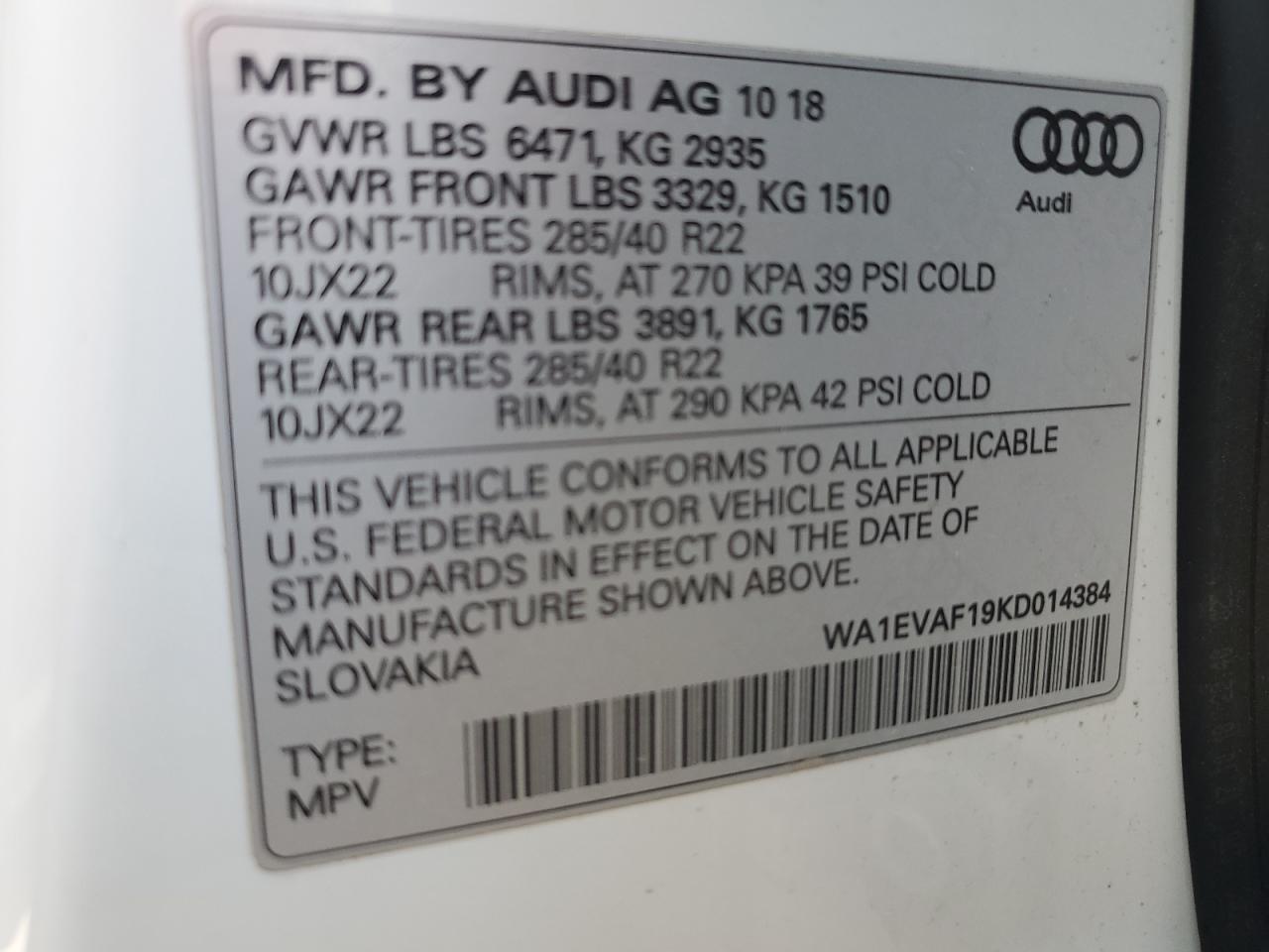 2019 Audi Q8 Premium Plus S-Line VIN: WA1EVAF19KD014384 Lot: 87275135