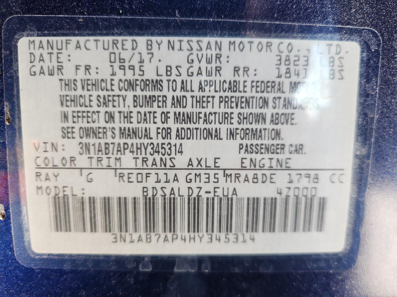 2017 Nissan Sentra S VIN: 3N1AB7AP4HY345314 Lot: 89436605