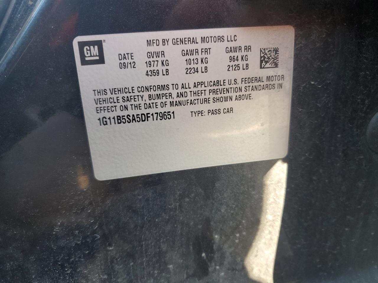 2013 Chevrolet Malibu Ls VIN: 1G11B5SA5DF179651 Lot: 86288555