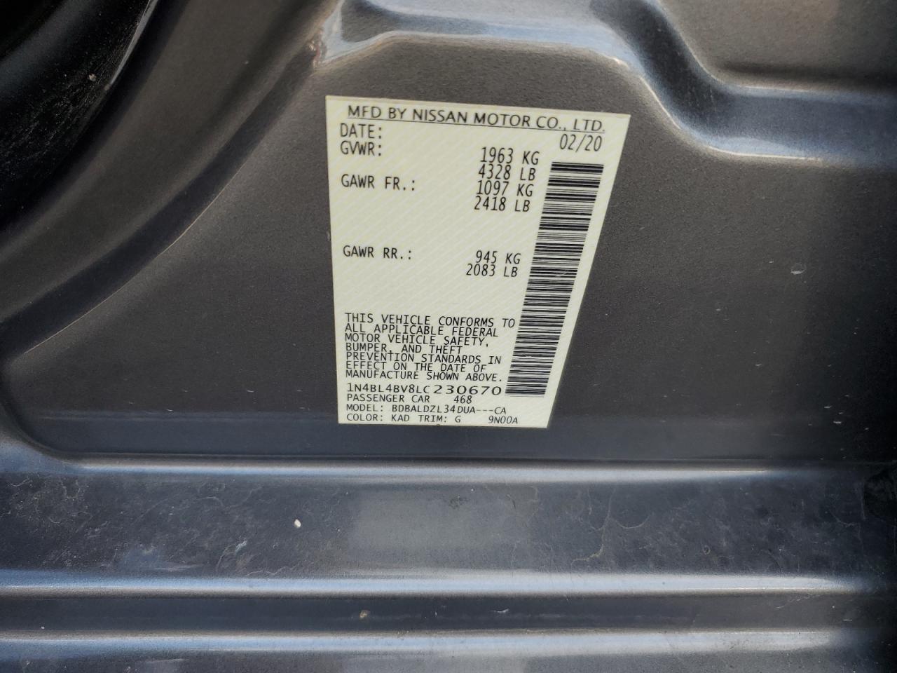 2020 Nissan Altima S VIN: 1N4BL4BV8LC230670 Lot: 85890085