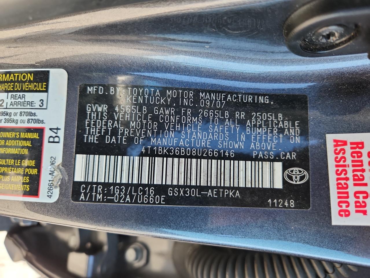 2008 Toyota Avalon Xl VIN: 4T1BK36B08U266146 Lot: 84593545