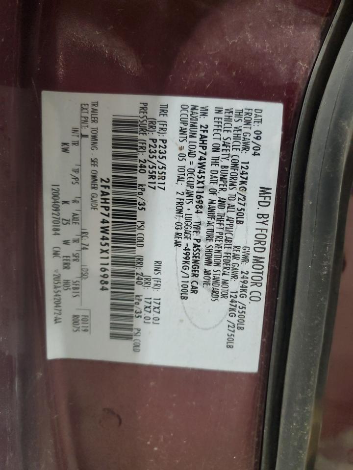 2005 Ford Crown Victoria Lx VIN: 2FAHP74W45X116984 Lot: 85414205