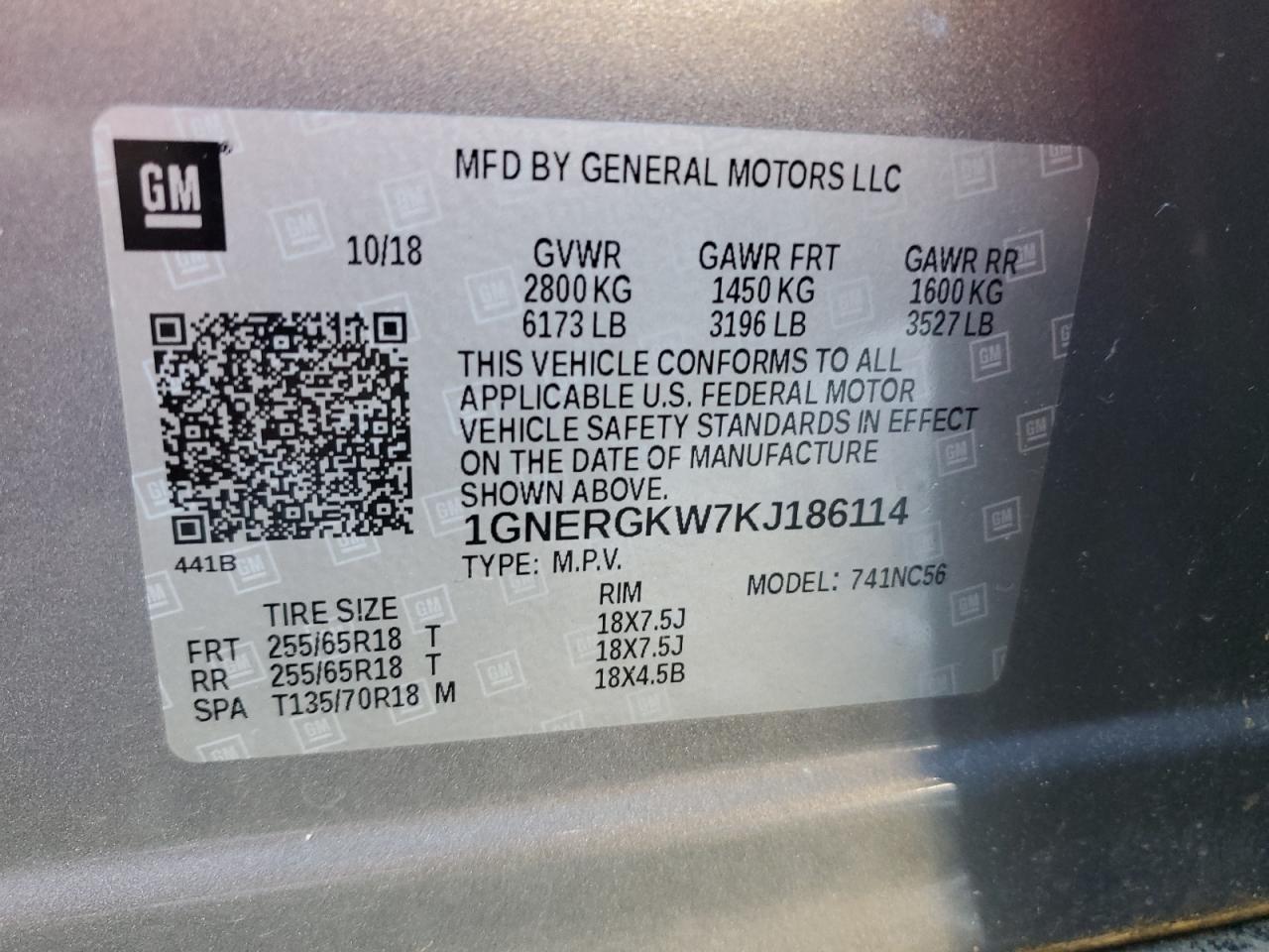 2019 Chevrolet Traverse Lt VIN: 1GNERGKW7KJ186114 Lot: 82430445