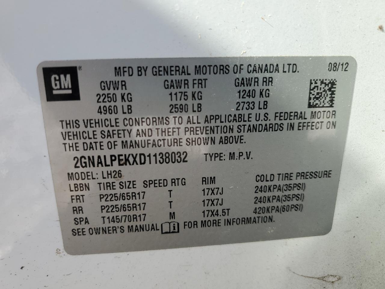 2013 Chevrolet Equinox Lt VIN: 2GNALPEKXD1138032 Lot: 85556225