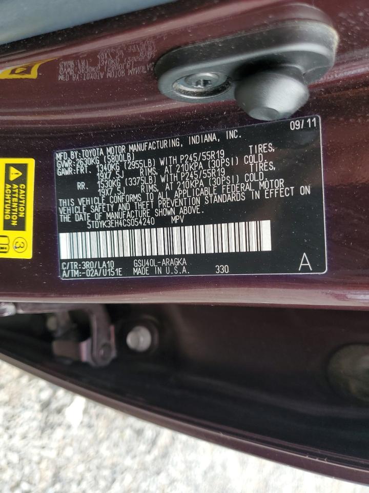 2012 Toyota Highlander Limited VIN: 5TDYK3EH4CS054240 Lot: 85746635