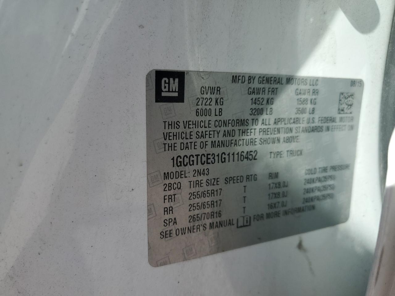 2016 Chevrolet Colorado Lt VIN: 1GCGTCE31G1116452 Lot: 86300685