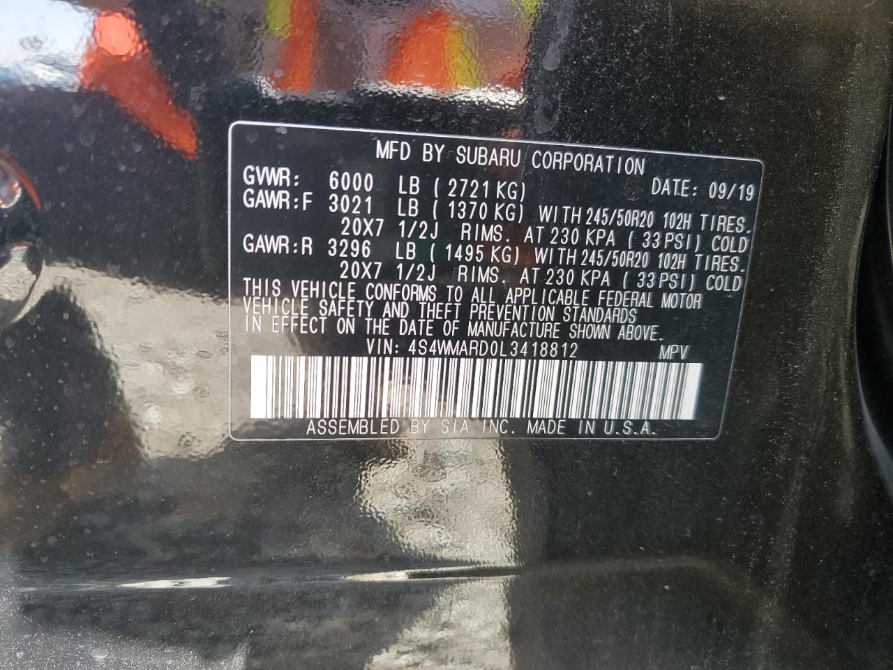 2020 Subaru Ascent Touring VIN: 4S4WMARD0L3418812 Lot: 84298835