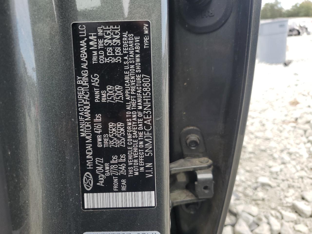 2022 Hyundai Tucson Sel VIN: 5NMJFCAE3NH158807 Lot: 85834555