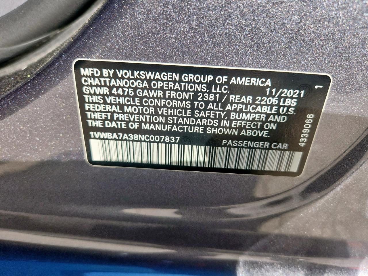 2022 Volkswagen Passat Limited Edition VIN: 1VWBA7A38NC007837 Lot: 85198245