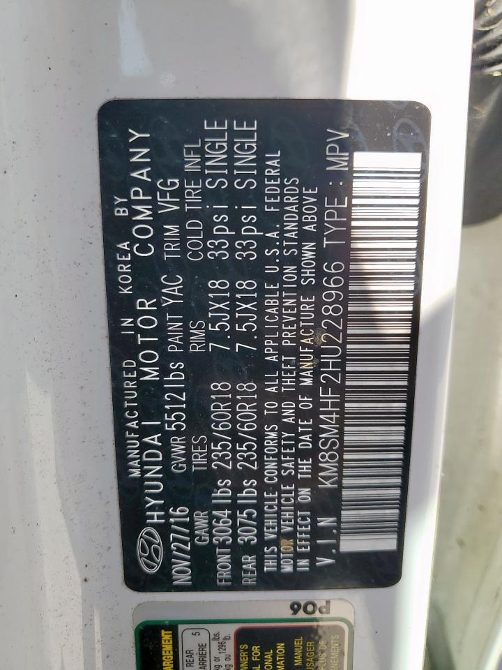 2017 Hyundai Santa Fe Se VIN: KM8SM4HF2HU228966 Lot: 85579095