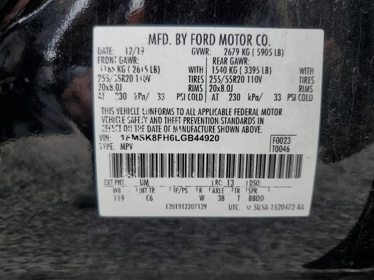 2020 Ford Explorer Limited VIN: 1FMSK8FH6LGB44920 Lot: 84174135