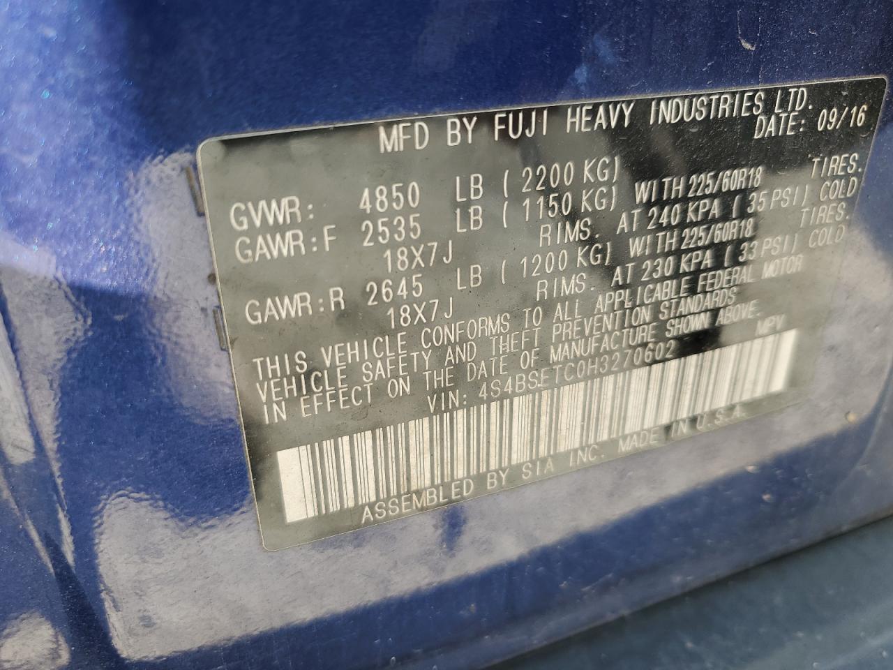 2017 Subaru Outback Touring VIN: 4S4BSETC0H3270602 Lot: 84474185