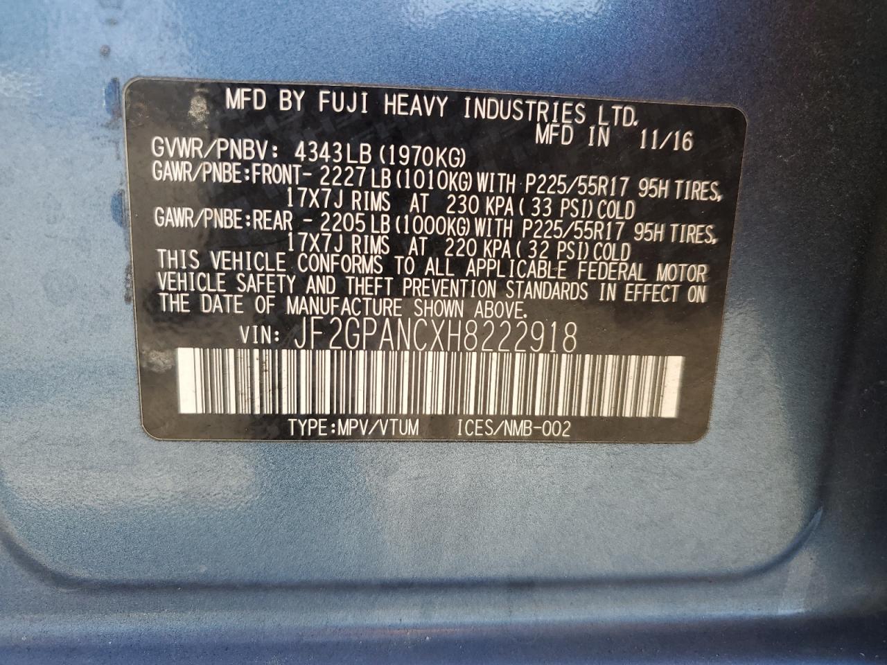 2017 Subaru Crosstrek Limited VIN: JF2GPANCXH8222918 Lot: 82311885