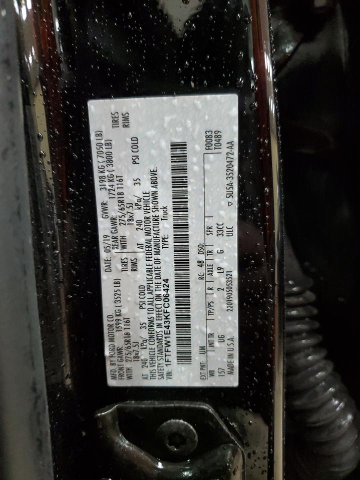 2019 Ford F150 Supercrew VIN: 1FTFW1E43KFC06424 Lot: 85194335