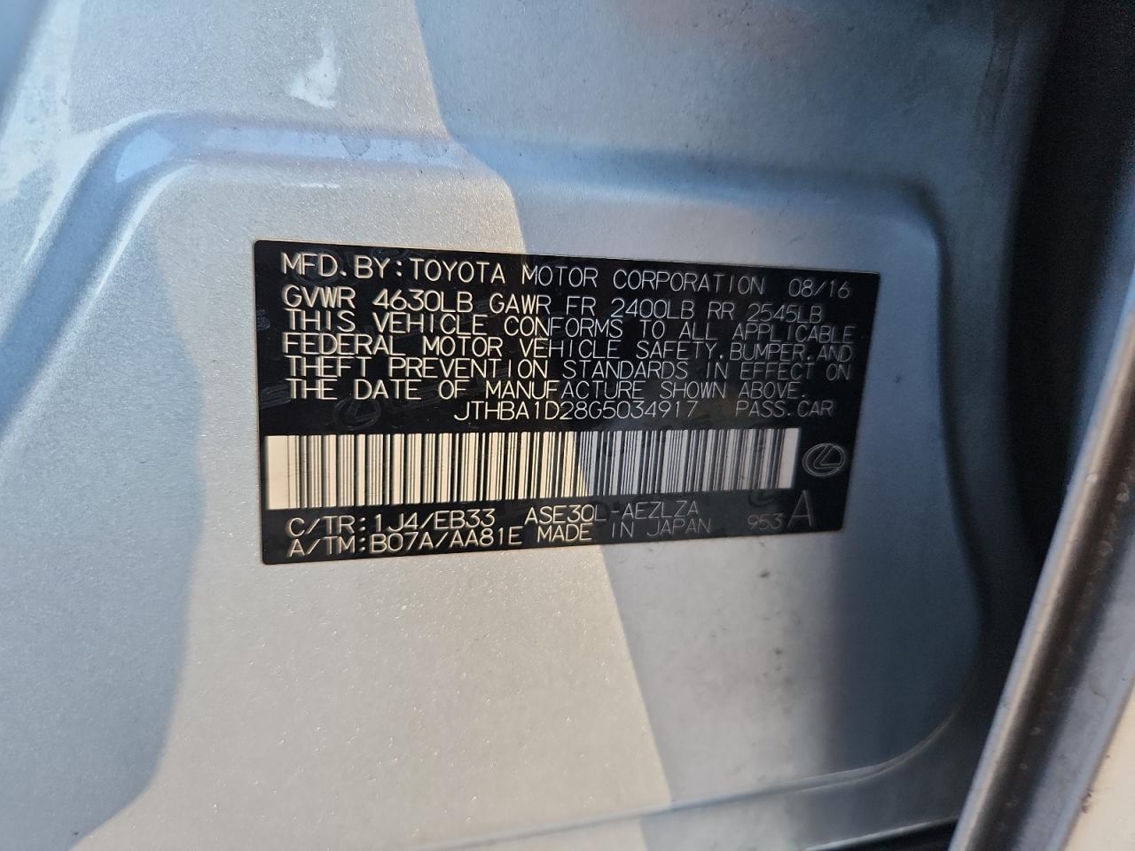 2016 Lexus Is 200T VIN: JTHBA1D28G5034917 Lot: 90392165