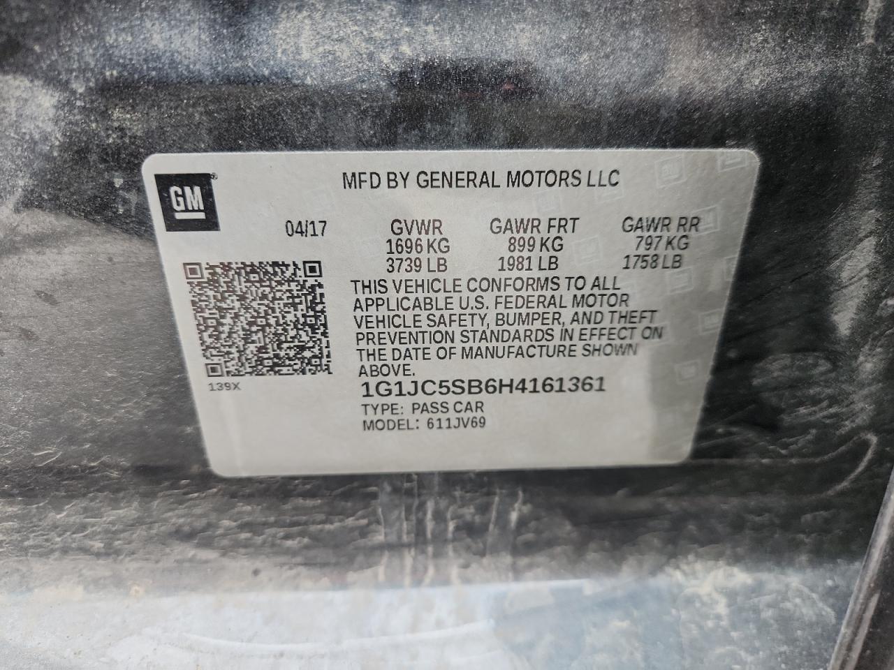 2017 Chevrolet Sonic Lt VIN: 1G1JC5SB6H4161361 Lot: 85377445