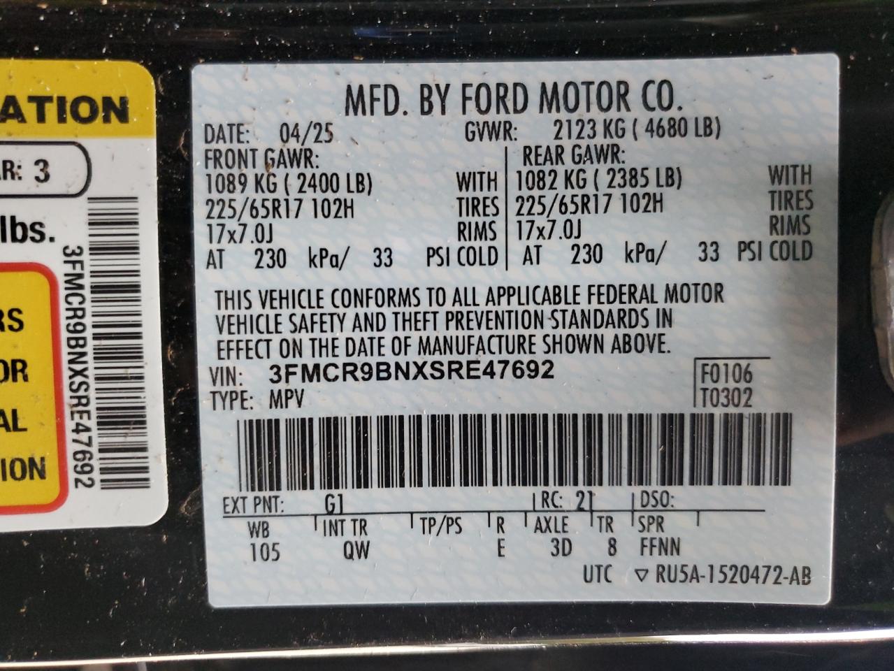 2025 Ford Bronco Sport Big Bend VIN: 3FMCR9BNXSRE47692 Lot: 90671035